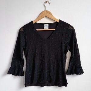 Vintage Black Lace Eyelet Top 3/4 Bell Sleeve V-Neck Romantic Goth Coquette S